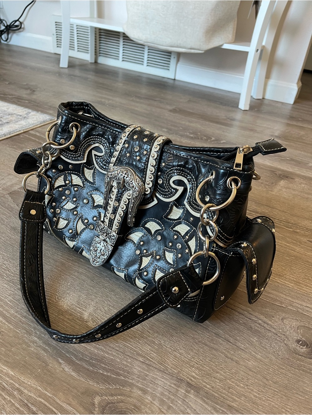 Black Embossed Buckle Shoulder Bag with Silver Stud Accents